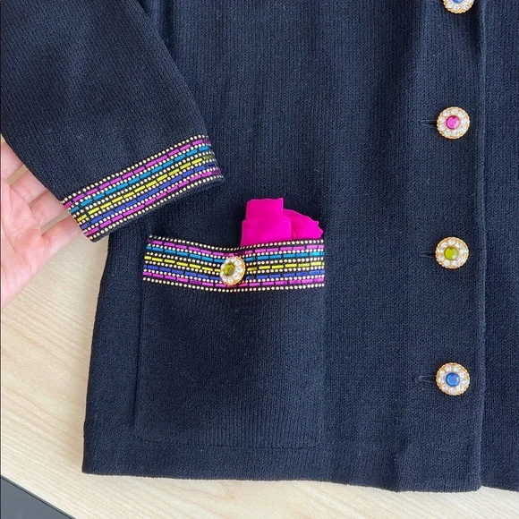 St. John by Marie Gray black colorful v neck knit blazer sequins embellishments - Picture 4 of 13